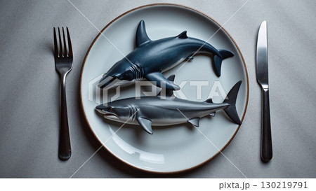 whale and a shark lying on a plate as warning against eating endangered species, overfishing, and illegal catch - ai generated 130219791