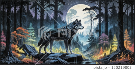 A mystical wolf roams a surreal, colorful forest, feared and exiled as its home fades away- ai generated 130219802
