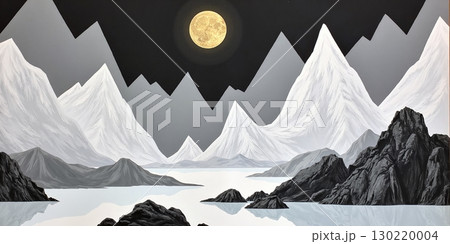 A illustrative landscape with full moon glows above sharp snowy mountains, reflecting in a calm, icy lake at night - ai generated 130220004