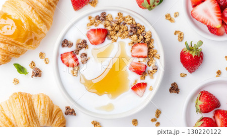 Greek yogurt topped with honey granola and strawberries on white background 130220122