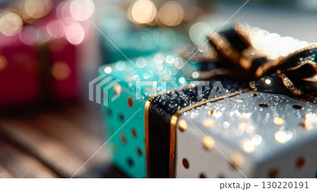 Close-up of a polka dot gift box with a black ribbon bow placed on a wooden table 130220191