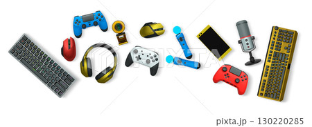 Gaming accessories like controllers, VR headset, headphones, keyboard, and microphone isolated on white background with clipping path, concept of gaming gear 130220285
