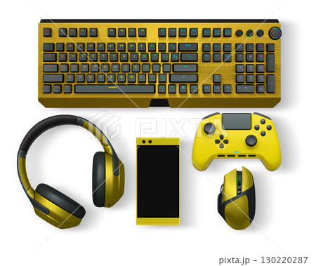 Gaming keyboard, mouse, controller, headset, and smartphone isolated on white transparent background with clipping path, concept of modern digital gaming gear 130220287