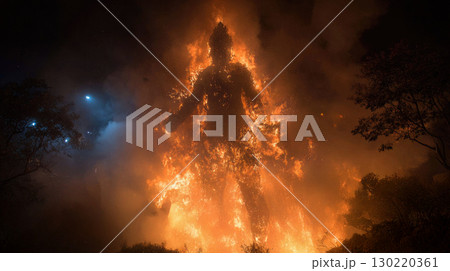 Burning effigy of Ravana during Dussehra festival, symbolizing the triumph of good over evil, tradition, spirituality, and cultural celebration in India 130220361