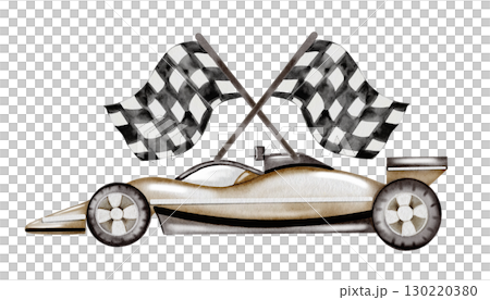 Race car watercolor illustration. Race car in pastel colors with the finish flag on a white background. Ideal for children's textiles, stickers and baby shower design for boys 130220380
