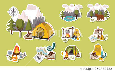 Set of camping compositions stickers with mountains, tent, tree, fireplace, compas and more in flat cartoon style.