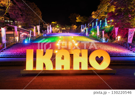 ライトアップされた夜の伊香保温泉 石段街入口 群馬県渋川市 ライトアップされた夜の伊香保温泉 石段街入口 群馬県渋川市 130220546