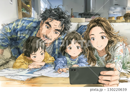 災害情報をスマートフォンで確認する家族のイラスト 130220639