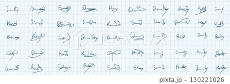 Vector set with sample handwritten autographs, fake cursive signatures on paper background for documents presentations, certificate mockups 130221026