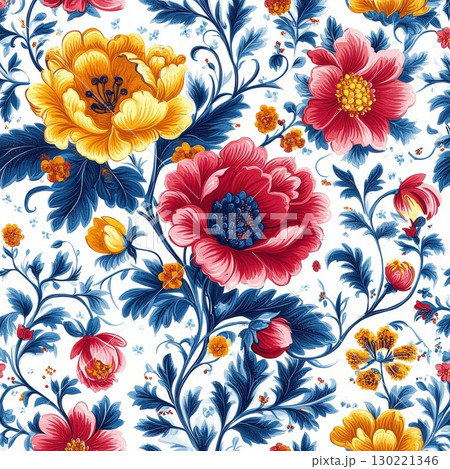 Vibrant floral pattern textile design colorful artwork studio environment close-up view nature inspired aesthetics 130221346