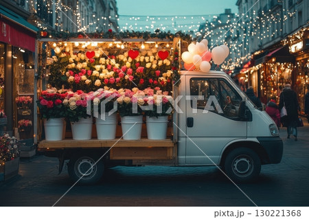 Flower truck delivers vibrant blooms in charming market evening scene floral display romantic atmosphere street view urban aesthetic 130221368
