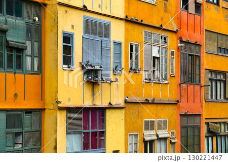 Colorful vintage house with pigeons sitting on windows in old town of Girona, Spain 130221447