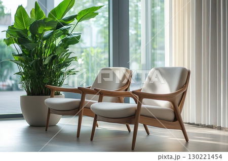 Elegant mid-century modern chairs in bright indoor space minimalist design natural light contemporary style 130221454