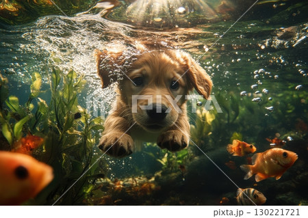 Dog swimming with fish in clear water underwater scene vibrant nature playful environment joyful concept 130221721