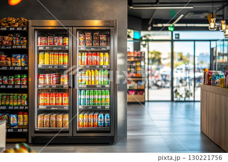 Convenient food and drink display retail store product showcase modern environment eye-level view consumer attraction 130221756