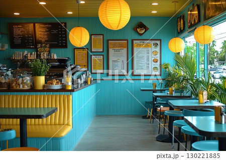 Cozy urban interior photography vibrant colorful decor contemporary design wide angle view for relaxation and socializing 130221885