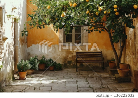 Relaxing afternoon in a lemon grove courtyard charming location scenic photography serene environment warm perspective 130222032