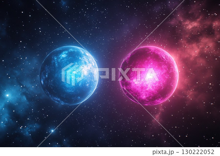 Celestial bodies colliding outer space digital artwork cosmic environment wide angle aesthetic harmony 130222052