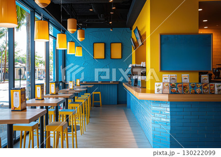 Modern coffee shop interior design urban city photography vibrant color scheme wide-angle view contemporary atmosphere 130222099