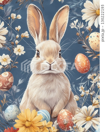 Easter bunny surrounded by colorful eggs and flowers spring garden illustration whimsical close-up festive vibe 130222193