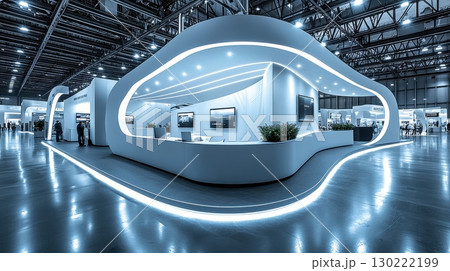 Innovative exhibition booth design showcased at trade fair modern venue interior architecture futuristic environment wide angle view 130222199