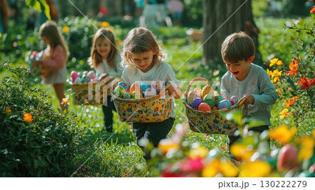Children joyfully collect colorful easter eggs in a vibrant garden during springtime celebration 130222279