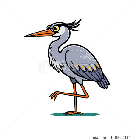 Heron Bird Standing on One Leg Cartoon Style Vector Illustration with Grey Feathers and Orange Beak Heron Bird Standing on One Leg Cartoon Style Vector Illustration with Grey Feathers and Orange Beak 130222334
