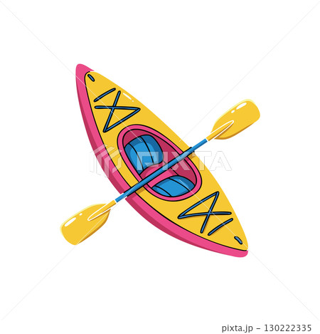 Kayak boat with paddle top view yellow and pink vector illustration for outdoor water sports 130222335