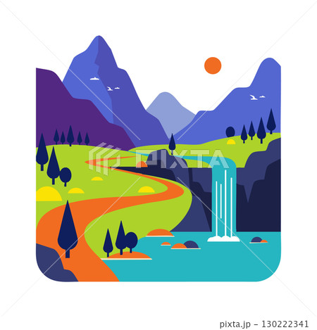 Mountain landscape with waterfall river and winding path in bright colors vector illustration 130222341