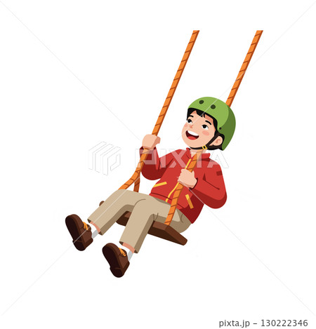 Boy swinging on rope swing wearing helmet and red jacket outdoor activity fun play 130222346