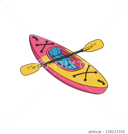 Kayak with paddle in yellow and pink bright colors vector illustration for water sports and leisure activities 130222350