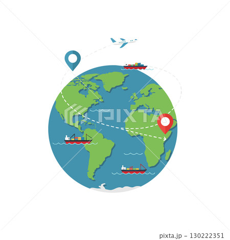 Global trade shipping routes with cargo ships airplane and location markers vector illustration 130222351