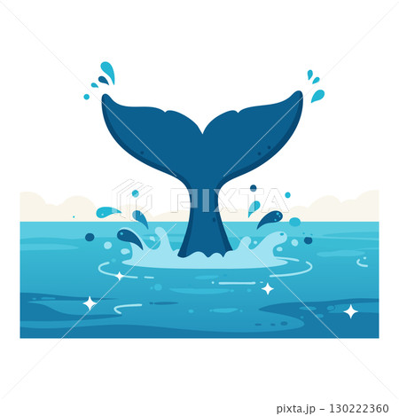 Whale tail splashing water in ocean with blue waves and water droplets vector illustration 130222360