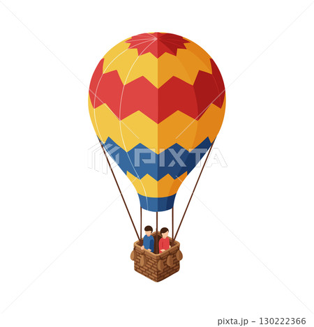 Hot air balloon with two passengers floating in colorful striped pattern vector illustration Hot air balloon with two passengers floating in colorful striped pattern vector illustration 130222366