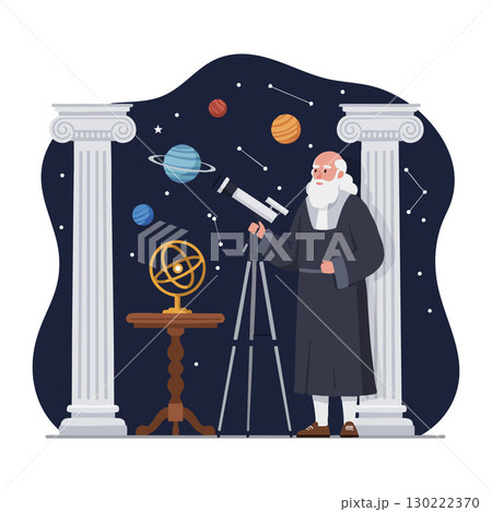 Ancient Astronomer Observing Planets Through Telescope in Classical Setting Vector Illustration 130222370