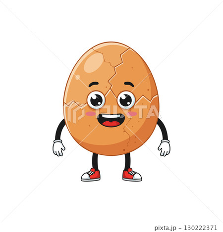 Happy cracked egg character with red shoes and smiling face vector illustration Happy cracked egg character with red shoes and smiling face vector illustration 130222371