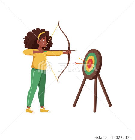 Girl practicing archery with bow and arrow aiming at colorful target board vector illustration 130222376
