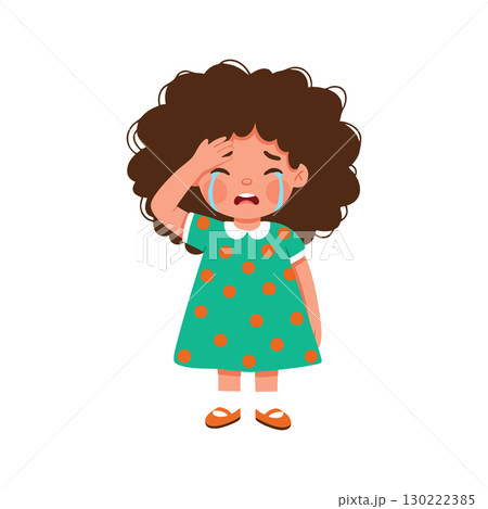 Crying girl with curly hair in green dress and orange polka dots vector illustration 130222385