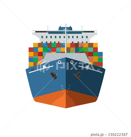 Cargo container ship front view vector illustration with colorful shipping containers and blue hull 130222387
