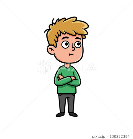 Cartoon boy standing with arms crossed in green sweater and black pants vector illustration 130222394