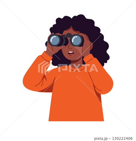 Child looking through binoculars with curly hair and orange sweater vector illustration Child looking through binoculars with curly hair and orange sweater vector illustration 130222406