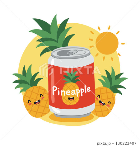 Pineapple soda can with happy pineapple fruit characters and sunny background vector illustration 130222407