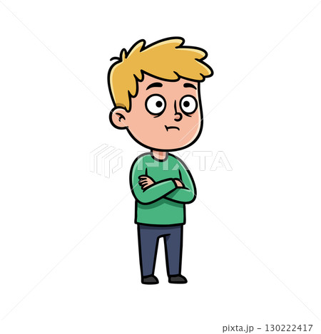 Young boy standing with crossed arms wearing green sweater and blue pants vector illustration Young boy standing with crossed arms wearing green sweater and blue pants vector illustration 130222417