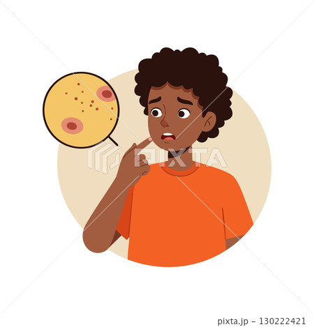 Boy concerned about skin acne problem vector illustration in orange shirt Boy concerned about skin acne problem vector illustration in orange shirt 130222421