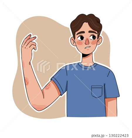 Young man with skin rash on arm in blue shirt vector illustration portrait 130222423