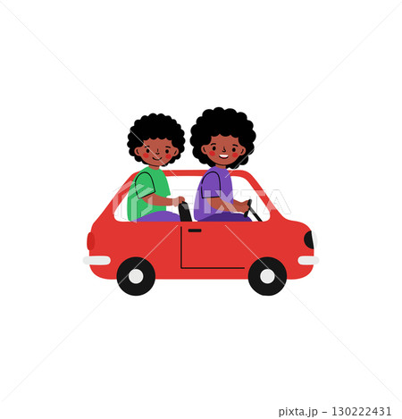 Two children driving small red car vector illustration in flat design style 130222431