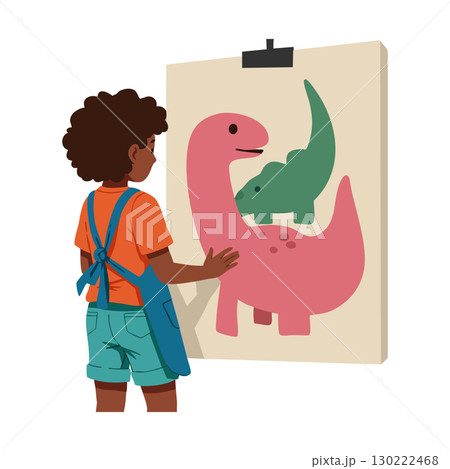 Child painting colorful dinosaurs on canvas with apron in creative art activity vector 130222468