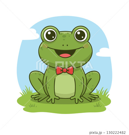 Cute green frog cartoon character with big eyes and red bow tie sitting on grass vector illustration Cute green frog cartoon character with big eyes and red bow tie sitting on grass vector illustration 130222482