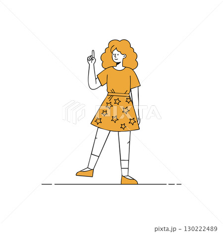 Woman with curly hair pointing finger wearing orange skirt and shirt vector illustration 130222489