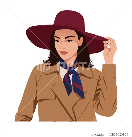 Woman wearing burgundy wide brim hat and brown coat with scarf fashion vector illustration Woman wearing burgundy wide brim hat and brown coat with scarf fashion vector illustration 130222492